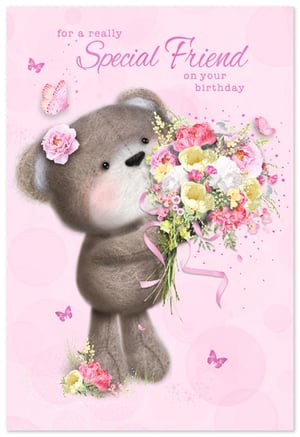 Celebrate a truly special friend's birthday with this adorable card from Simon Elvin. Featuring a charming fluffy teddy bear clutching a beautiful bouquet of pink, yellow, and white flowers, this design is sure to bring a smile. Delicate butterflies flutter across the soft pink background, adding a touch of whimsy. The sweet message, 'for a really Special Friend on your birthday', makes it perfect for conveying heartfelt wishes. This delightful 'Friend Female' card is supplied in a convenient pack of 6, ready to brighten your customers' shelves and help them celebrate their nearest and dearest.