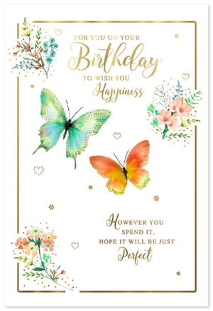 Celebrate her special day with this exquisite 'Open Birthday Female' card from Simon Elvin. This beautifully designed card features two vibrant watercolour butterflies, one in serene green and the other in warm orange, gracefully fluttering amidst delicate floral sprays. Elegant gold foil lettering wishes "Happiness" and hopes her day will be "Perfect," all framed by a stylish gold border and subtle shimmering accents. It's a truly heartfelt way to send your best wishes to any special woman. Available in a convenient pack of 6 (1x6), ensuring you're always prepared for those important birthdays.