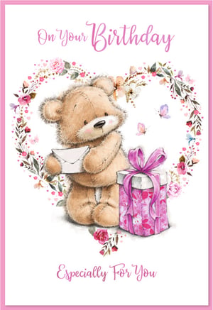 Delight your customers with this adorable 'Open Birthday Female' card from Simon Elvin. Featuring a charming teddy bear holding a special envelope, nestled within a beautiful heart-shaped floral wreath, this card is sure to bring a smile. A pretty pink gift box and delicate butterflies complete the sweet scene. The heartfelt messages 'On Your Birthday' and 'Especially For You' add a warm touch, making it perfect for celebrating any special woman in their life. Supplied in a convenient pack of 6, these delightful cards are an essential addition to your greeting card selection, offering a lovely design for a variety of recipients.