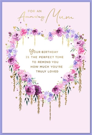 Show your amazing Mum just how much she means to you with this beautiful birthday card from Simon Elvin. Adorned with a stunning heart-shaped wreath of watercolour flowers in lovely shades of purple and pink, complemented by delicate gold leaf details, this card is truly eye-catching. The heartfelt message inside reads, 'Your birthday is the perfect time to remind you how much you're truly loved,' offering a warm and personal touch. It's the perfect way to make her feel cherished on her special day. Each pack contains 6 of these gorgeous cards, ensuring you're always prepared to celebrate Mum.