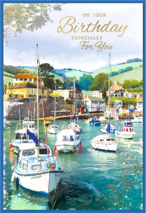 Celebrate his special day with this exquisite 'Open Birthday Male' card. Featuring a truly captivating harbour scene, complete with charming boats gently bobbing on turquoise waters and picturesque houses nestled against rolling green hills, it's a design that evokes peace and beauty. The artistic, watercolour-style illustration and elegant golden script 'On Your Birthday Especially For You' make this card a sophisticated choice for any man. It's a wonderful way to send warm wishes. Available in a convenient pack of six, these cards are a perfect addition to your greeting card selection, ready for every customer looking for something special.