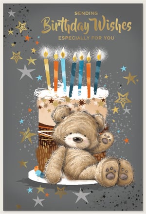 Brighten someone's special day with this delightful Open Birthday Male card from Simon Elvin. This charming design features an adorable fluffy teddy bear sitting beside a beautifully decorated birthday cake, topped with six glowing candles. The warm grey background is sprinkled with golden, blue, and orange stars, enhancing the celebratory feel. A heartfelt "Sending Birthday Wishes Especially For You" message in elegant gold lettering completes this lovely card. Perfect for any male recipient, its friendly appeal makes it a wonderful addition to your greeting card selection. Available in a convenient pack of 6.