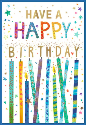 Brighten any birthday celebration with this wonderfully vibrant 'Open Birthday Male' card from Simon Elvin. This cheerful design features "HAVE A HAPPY BIRTHDAY" in a delightful mix of sparkling gold and playful, patterned letters. Below, a collection of colourful, patterned candles, some with flickering flames, add to the festive atmosphere. The crisp white background is adorned with a scattering of stars and confetti, all framed by a smart blue border. This eye-catching card is perfect for adding a touch of fun and warmth to any special occasion. Available in a convenient pack of 6, these cards are sure to be a popular choice for your customers.