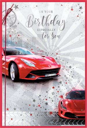 Make his birthday extra special with this striking 'Open Birthday Male' card! Featuring two sleek, vibrant red sports cars, this dynamic design is perfect for any car enthusiast. The stylish grey and white background is accented with subtle tire tracks and a scattering of celebratory red and silver stars, creating an exciting atmosphere. Elegant silver text wishes 'ON YOUR Birthday ESPECIALLY For You', adding a sophisticated touch. Finished with a bold red border and a decorative ribbon detail, this card from Simon Elvin is sure to impress and deliver a memorable birthday message.