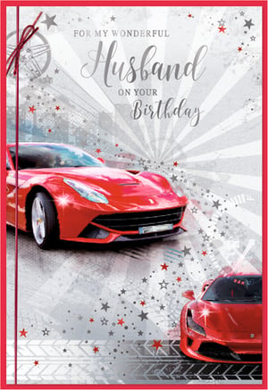 Make his birthday extra special with this fantastic "Husband" greeting card from Simon Elvin. Designed with a passion for speed and style, it features two striking red sports cars set against a modern grey and silver backdrop. The dynamic design is brought to life with sparkling red and grey stars, subtle tyre track details, and a vibrant red border. The elegant silver foil lettering proudly declares "FOR MY WONDERFUL Husband ON YOUR Birthday," delivering a heartfelt message. This eye-catching card is ideal for celebrating your car-loving husband. Supplied in a convenient wholesale pack of 6.