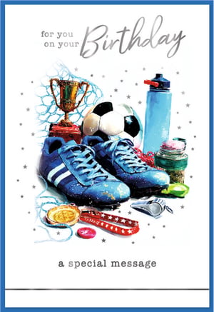 Celebrate their special day with this fantastic Open Birthday card, perfect for any sports-loving male! Featuring a vibrant illustration of all things football, this card is sure to score a goal with the recipient.
The dynamic design showcases a gleaming golden trophy, a classic football, and a pair of stylish blue boots ready for action. Completing the scene are a refreshing water bottle, a winner's medal, and a whistle, all set against a backdrop of celebratory stars.
With space inside for 'a special message', this card is ideal for sons, brothers, friends, or dads who live and breathe the beautiful game. Stock up on this popular design from Simon Elvin, available in a convenient pack of 6.