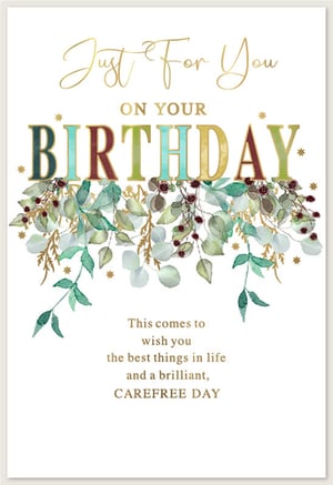 Offer your customers a truly special birthday greeting with our 'Open Birthday Male' card from Simon Elvin. This beautiful card features elegant gold script wishing 'Just For You ON YOUR BIRTHDAY', with the word 'BIRTHDAY' standing out in a charming, multi-toned design. Adorned with delicate botanical foliage and subtle gold accents, it exudes a sophisticated yet natural charm. The heartfelt message inside wishes 'the best things in life and a brilliant, CAREFREE DAY'. Perfect for a wide range of recipients, this versatile card is a wonderful choice for celebrating any birthday. Available in a convenient pack of 6.