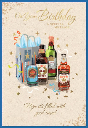 Make his birthday extra special with this vibrant "Open Birthday Male" card. Featuring a stylish illustration of a gift bag brimming with treats, alongside an inviting selection of beer and ale bottles and a can, it's the perfect choice for any man who appreciates a good celebration. The card's warm message, "Hope it's filled with good times!", adds a personal touch. Adorned with festive stars and a subtle textured background, this card is designed to delight. Stock up with this popular design, available in a convenient pack of 6.