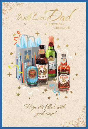 Help your customers celebrate Dad's special day with this charming birthday card from Simon Elvin. Featuring a warm "With Love, Dad" message, the design showcases a delightful array of drinks – including bottles of "Finest Old Bitter" and "Frothy Beer", plus a "Great Stuff" can – alongside a festive gift bag and sparkling stars.

The rustic background and elegant golden script add a touch of class, perfectly complementing the heartfelt wish: "Hope it's filled with good times!" Ideal for any father who appreciates a good brew, this card is sure to bring a smile. Available in a convenient pack of 6, it's a must-have for your card selection.