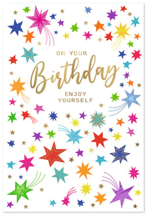 Brighten any birthday with this dazzling card from Simon Elvin! This eye-catching design features a vibrant explosion of colourful stars and shooting star trails, set against a crisp white background for maximum impact. The elegant gold script wishes the recipient "ON YOUR Birthday ENJOY YOURSELF," making it a delightful choice for any female celebration. With its cheerful aesthetic and uplifting message, this card is a fantastic addition to your greetings card display. Supplied in a convenient pack of 6 (1x6), ensuring you're always stocked with a popular and attractive option for your customers.