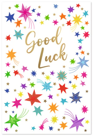 Wish your customers the very best with this delightful Good Luck card from Simon Elvin. This eye-catching design features a vibrant display of colourful stars, big and small, set against a crisp white background. The shimmering gold 'Good Luck' message shines brightly at its heart, framed by a playful scattering of shooting stars in a rainbow of hues. Ideal for a wide range of occasions, from exams and new jobs to exciting new beginnings, this card is designed to spread cheer. Supplied in a convenient pack of 6, it's a must-have addition to your greeting card selection.