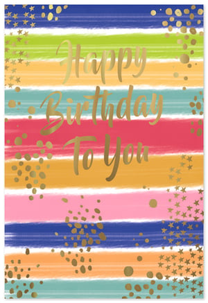 Brighten any birthday with our delightful 'Open Birthday Female' card from Simon Elvin. This eye-catching design features a cheerful array of horizontal brushstroke stripes in vibrant colours, including blues, greens, pinks, and oranges, creating a truly festive backdrop. The classic 'Happy Birthday To You' message shines in elegant gold script, perfectly complemented by scattered gold foil dots and stars that add a touch of sparkle and celebration.
Perfect for a wide range of female recipients, this card is sure to bring a smile. Stock up your shelves with this popular design, available in convenient wholesale packs of 1x6, ensuring you're always ready for those special occasions.