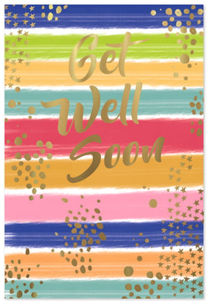 Send a burst of cheer with our 'Get Well Female' card from Simon Elvin. This delightful design features vibrant, hand-painted style horizontal stripes in a spectrum of uplifting colours, from sunny yellow to calming blues and playful pinks. The heartfelt message 'Get Well Soon' shines in elegant golden script, complemented by shimmering gold confetti dots and sparkling stars scattered across the card. It's the perfect way to send warm wishes and a little sparkle to someone special. Each pack contains 6 cards, ready to bring comfort and a smile.