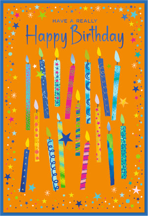 Brighten any birthday celebration with this cheerful card from Simon Elvin. Featuring a vibrant orange background, it's adorned with a delightful collection of colourful birthday candles, each boasting unique patterns and designs. Scattered stars and confetti add to the festive atmosphere, all beneath the bold message "HAVE A REALLY Happy Birthday". This eye-catching design is perfect for wishing someone special a memorable day. Supplied in a convenient pack of 6, it's an ideal choice for your retail display, offering a universally appealing and joyful greeting.