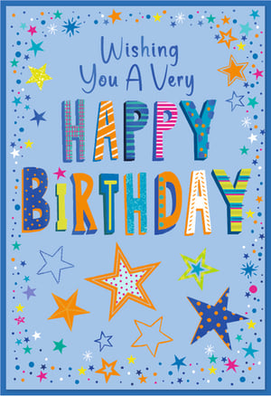 Brighten someone's special day with this fantastic 'Open Birthday Male' card from Simon Elvin. Bursting with colour and cheer, this vibrant card features a playful 'Wishing You A Very HAPPY BIRTHDAY' message, brought to life with bold, patterned lettering.
A delightful scattering of stars in various sizes and designs adds to the festive feel, all set against a cheerful blue background. Perfect for any male recipient, this versatile card is sure to bring a smile. Stock up your shelves with these eye-catching cards, available in convenient packs of six.