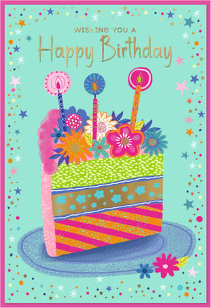 Brighten any birthday with this delightful 'Open Birthday Female' card from Simon Elvin. This vibrant design features a festive slice of cake, beautifully adorned with colourful flowers and charming candles. The "Happy Birthday" message shines in elegant gold, set against a cheerful aqua background sprinkled with stars and confetti. Perfect for female recipients, its eye-catching details and celebratory feel make it a wonderful choice for any age. Stock up your greeting card display with this popular design, available in a convenient pack of 6.