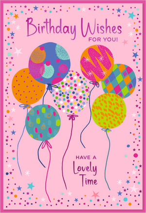Brighten any birthday with this delightful 'Open Birthday Female' card from Simon Elvin. Featuring a vibrant pink background adorned with a playful array of colourful balloons, confetti, and sparkling stars, it's designed to bring a smile to any recipient. Each balloon boasts a unique, eye-catching pattern, adding to the card's cheerful charm. The warm message, "Birthday Wishes FOR YOU! HAVE A Lovely Time," makes it perfect for celebrating any special woman in your customers' lives. Stock up on this popular design, available in convenient packs of 6, ensuring you always have a charming option ready for those important birthday moments.