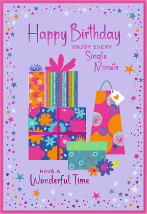 Brighten someone's special day with our delightful Open Birthday Female card! This vibrant design from Simon Elvin features a playful array of colourful gift boxes, a matching gift bag, and a scattering of stars and confetti, all set against a cheerful purple background. The lively pink, orange, blue, and green hues create a truly festive feel.
With a warm message wishing the recipient to "Enjoy Every Single Minute" and "Have a Wonderful Time," this card is perfect for celebrating any female's birthday. Its 'open' nature makes it versatile for friends, family, or colleagues. Available in a convenient pack of 6, these cards are a fantastic addition to any retail display, ready to bring smiles and celebrate in style.