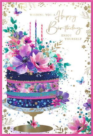 Celebrate in style with our gorgeous 'Open Birthday Female' card from Simon Elvin! This stunning design features a beautifully decorated, multi-tiered birthday cake, adorned with an explosion of vibrant watercolour flowers in shades of purple, pink, and teal. Delicate gold foil accents, playful splatters, and elegant butterflies add a touch of luxury and charm.
With its cheerful 'Wishing You A Happy Birthday, Enjoy Yourself' message, this card is perfect for any female recipient, making their special day even brighter. The rich colour palette and artistic floral details ensure it stands out. Supplied in a convenient pack of 6, it’s an ideal addition to your greeting card selection. A truly delightful choice for any birthday celebration!