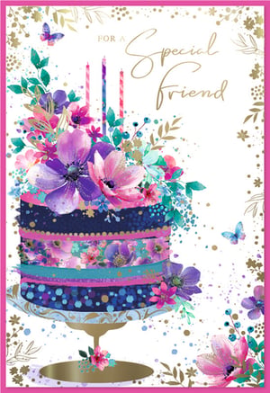 Celebrate your special friends with this stunning 'Friend Female' card from Simon Elvin. This beautiful design features a vibrant, multi-tiered cake adorned with an explosion of watercolour flowers in shades of purple, pink, and teal, accented with shimmering gold details. Three elegant candles and delicate butterflies complete this artistic scene. The heartfelt message 'FOR A Special Friend' is beautifully scripted in gold, making it perfect for birthdays or any occasion to show appreciation. Stock up with this delightful card, available in a convenient pack of 6, and offer your customers a truly memorable way to connect with their loved ones.
