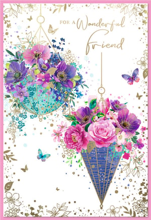 Delight your customers with this truly beautiful 'Friend Female' card, brought to you by Simon Elvin. This exquisite design showcases two elegant hanging floral arrangements, overflowing with a vibrant mix of pink, purple, and blue blooms. Adorned with delicate butterflies and shimmering gold accents, the card features the heartfelt message 'FOR A Wonderful Friend' in elegant script. Perfect for celebrating cherished friendships, this card offers a touch of sophistication and warmth. Supplied in a convenient pack of 6, it’s an ideal addition to your greeting card selection.