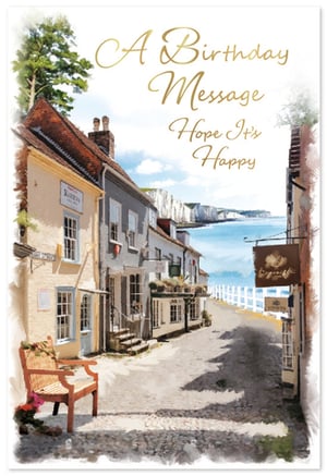 Send warm birthday wishes with this charming Simon Elvin card, perfect for any male recipient. Featuring a beautiful watercolour-style illustration, the design transports you to a serene coastal village. Imagine strolling along the quaint street, past historic buildings, with the sparkling blue sea and majestic white cliffs in the distance. The inviting scene, complete with a rustic wooden bench, creates a truly picturesque and thoughtful card. The elegant gold script on the front reads, "A Birthday Message Hope It's Happy", making it versatile for many occasions. Each pack contains 6 of these delightful cards, ensuring you're well-stocked for your customers. A wonderful choice for those who appreciate scenic beauty and classic design.
