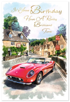 Add a touch of timeless elegance to your card collection with our 'Open Birthday Male' card from Simon Elvin. This beautiful design showcases a captivating watercolour illustration of a charming village street, featuring quaint stone buildings nestled amongst lush greenery. In the foreground, a magnificent red classic sports car gleams, making this card an instant favourite for car enthusiasts. The heartfelt message, "It's Your Birthday Have A Really Brilliant Time," is presented in elegant gold script, adding a sophisticated finish. Ideal for a wide range of male recipients, this eye-catching card offers a memorable way to celebrate. Available in a convenient pack of 6, it's a superb choice for any retailer.