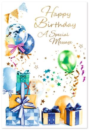 Send warm wishes with our Open Birthday Male card, proudly supplied by Simon Elvin. This charming card features a vibrant, watercolour-style design, full of festive cheer. It showcases a delightful array of colourful balloons, stacked gifts, and scattered stars, all contributing to a celebratory atmosphere. The elegant gold script reads "Happy Birthday A Special Message." With its appealing mix of blues, greens, and golds, this card is a wonderful choice for any male recipient. Available in a convenient pack of 6, it’s a lovely addition to your greeting card selection.