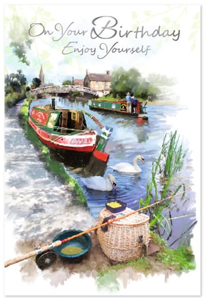 Celebrate a special birthday with this charming card from Simon Elvin. Featuring a serene watercolour scene, it depicts a peaceful canal setting, complete with traditional narrowboats, graceful swans, and a relaxing fishing spot. The idyllic artwork captures the essence of a tranquil day out, perfect for anyone who enjoys the great outdoors or a moment of calm. With the thoughtful message 'On Your Birthday Enjoy Yourself', this card is ideal for a male recipient. Each pack contains 6 cards, ready to bring a touch of serenity to your customers' celebrations.