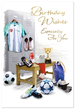 Celebrate his special day with this engaging 'Open Birthday Male' card. Perfect for any football fan, it features a dynamic illustration of a locker room scene, brimming with all the gear for the beautiful game. From the classic jersey and sturdy boots to shin guards, a water bottle, and even a gleaming trophy, every detail captures the excitement of sport. Two footballs and goalkeeper gloves complete the energetic display. The elegant gold script on the front conveys "Birthday Wishes Especially For You," making this a wonderful choice for sons, brothers, friends, or dads who love the pitch.