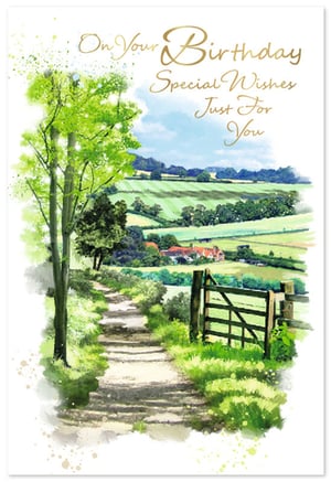 Celebrate a special man's birthday with this charming 'Open Birthday Male' card from Simon Elvin. Featuring a delightful watercolour illustration, the design captures the serene beauty of the British countryside. A winding path leads through lush green fields, past a rustic wooden gate, towards distant rolling hills and quaint cottages under a soft blue sky. The artwork's gentle hues and artistic splatters create a truly inviting scene. Adorned with elegant golden script, the heartfelt message 'On Your Birthday Special Wishes Just For You' adds a touch of warmth and sophistication. This lovely card is perfect for conveying sincere birthday greetings. Available in a convenient pack of 6.