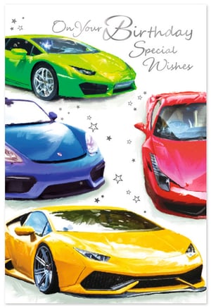 Add a burst of excitement to your greeting card display with this vibrant 'Open Birthday Male' card from Simon Elvin. This eye-catching design showcases a thrilling array of colourful sports cars, including striking lime green, bold red, sleek blue, and sunny yellow models. The dynamic, artistic style of the vehicles, paired with the classic 'On Your Birthday Special Wishes' message, makes it an ideal choice for any car-loving recipient. Perfect for a general male birthday, this card is sure to delight. Available in a convenient pack of 6, it's a fantastic addition to your retail offering.