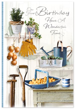 Celebrate his special day with this charming 'Open Birthday Male' card, brought to you by Simon Elvin. This delightful card features a beautifully illustrated scene, evoking the peaceful atmosphere of a rustic garden shed. Adorned with potted herbs, well-worn gardening gloves, and freshly harvested produce like onions and carrots, it's a tribute to the joys of nature. The elegant message, 'On Your Birthday Have A Wonderful Time,' adds a heartfelt touch. Perfect for any man who appreciates gardening or the simple beauty of the outdoors, this card is a thoughtful choice. Stock up with this appealing design, available in a convenient pack of 6.
