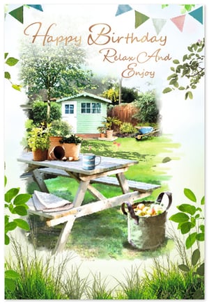 Celebrate special moments with our charming 'Open Birthday Male' card from Simon Elvin. This delightful card features a serene garden scene, beautifully rendered in a soft, watercolour style. Imagine a peaceful afternoon spent outdoors, complete with a quaint garden shed, a rustic picnic table, and lush greenery. The warm message, 'Happy Birthday Relax And Enjoy', perfectly complements the tranquil setting, making it an ideal choice for any man celebrating his birthday.
With its inviting imagery and heartfelt sentiment, this card is sure to bring a smile. Stock up with our convenient pack of 6, ensuring you have the perfect card for your customers. A wonderful way to send warm wishes and encourage a moment of calm.