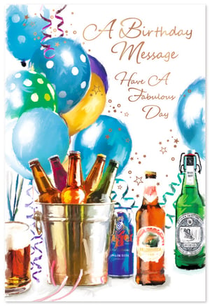 Celebrate male birthdays in style with our vibrant Open Birthday Male card! This eye-catching design features a lively array of blue, green, and yellow balloons, complete with festive confetti and streamers, setting a truly celebratory scene. Below, a cool bucket of refreshing beer bottles and a frothy pint add a touch of relaxed enjoyment, all rendered in a charming painterly style. The elegant gold script wishes 'A Birthday Message, Have A Fabulous Day,' making it perfect for any special guy. Supplied by Simon Elvin, these cards come in a convenient pack of 6, ready to brighten your card display and delight your customers.