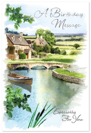 Offer your customers a truly charming choice with our Open Birthday Male card. This exquisite design features a serene watercolour-style painting, depicting an idyllic English village scene. Quaint stone cottages line a tranquil river, gracefully spanned by an old stone bridge. A classic wooden boat rests on the water, while lush green fields and distant hills complete this picturesque landscape. With a heartfelt "A Birthday Message" and "Especially For You," this card is perfect for any man who appreciates timeless beauty and a peaceful sentiment. Its versatile appeal makes it an ideal option for celebrating birthdays. Supplied in a convenient pack of 6, ensuring your shelves are always stocked with this popular design from Simon Elvin.