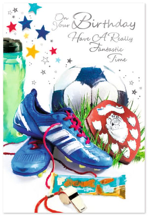 Kick off a fantastic celebration with this vibrant 'Open Birthday Male' card from Simon Elvin. Designed for the sports enthusiast, this card features a lively scene packed with classic football essentials. A blue and white football takes centre stage, surrounded by cool blue boots with bright red laces, a gleaming red trophy, and a refreshing green water bottle. A whistle and an energy bar add to the energetic vibe, all complemented by a scattering of colourful stars. The elegant silver script wishes the recipient 'On Your Birthday Have A Really Fantastic Time'. It's the perfect card for sons, brothers, friends, or dads who love the game. Available in a convenient pack of 6, it's a winning addition to your greeting card selection.
