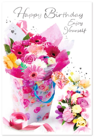 Brighten someone's special day with our delightful Open Birthday Female card from Simon Elvin. This beautiful design features a stunning watercolour-style bouquet bursting with vibrant pinks, cheerful yellows, and soft purples, presented in a charming floral gift bag. The elegant 'Happy Birthday Enjoy Yourself' message adds a warm, personal touch. Perfect for any female recipient, this card is a popular choice for celebrating birthdays in style. Stock up on this lovely design, available in a convenient pack size of 1x6, and offer your customers a truly eye-catching option for their loved ones.