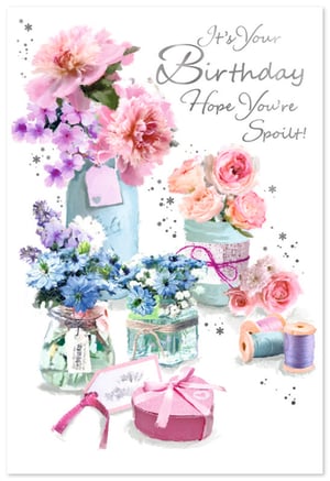 Wish her a wonderful birthday with this charming card, featuring a lovely watercolour design. It showcases an array of beautiful pastel flowers, artfully arranged in pretty jars and vases, creating a delicate and feminine aesthetic. Thoughtful crafting details, such as ribbons and a heart-shaped gift box, enhance its appeal. The soft palette of pinks, blues, and purples sets a warm and inviting tone, perfectly conveying the message: "It's Your Birthday Hope You're Spoilt!" This delightful card is a lovely way to make any special woman feel truly appreciated on her big day.
