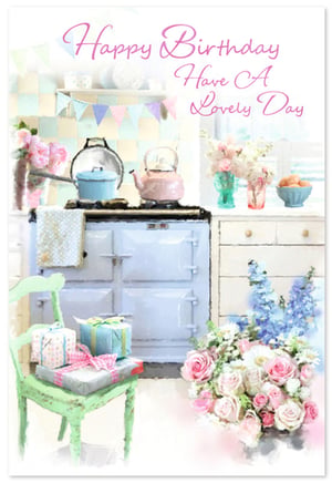 Celebrate her special day with this utterly charming Open Birthday card from Simon Elvin. Featuring a delightful watercolour illustration, this card captures a warm, inviting kitchen scene, perfect for any female recipient. Soft pastel shades of pink, blue, and green create a gentle, homely atmosphere, adorned with beautiful bouquets of roses and delphiniums, and thoughtfully wrapped gifts. The heartfelt message, "Happy Birthday Have A Lovely Day," is elegantly scripted, adding a personal touch. This beautiful design is sure to bring a smile and make any birthday truly memorable. Available in a convenient pack of 6.