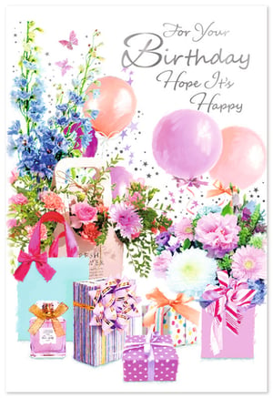 Celebrate her special day with our delightful Open Birthday Female card, from the renowned Simon Elvin collection. This beautifully illustrated card bursts with vibrant colours and joyful details, making it the perfect choice for any woman's birthday.
Featuring an exquisite display of lush flowers, cheerful balloons, and charming gift-wrapped presents, all adorned with sparkling accents and elegant script, it truly conveys a message of happiness. The heartfelt message "For Your Birthday Hope It's Happy" adds a personal touch.
Stock up on this popular design with our convenient 1x6 pack size, ensuring your customers can find the perfect card to make her birthday unforgettable.