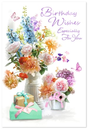 Delight your customers with this beautiful 'Open Birthday Female' card, perfect for any special woman in their life. Featuring a charming watercolour design, it showcases a vibrant bouquet of flowers in soft pastels and rich tones, complemented by delicate butterflies and elegantly wrapped gifts. The heartfelt message 'Birthday Wishes Especially For You' is presented in a graceful script. This versatile card offers a touch of elegance and warmth, making it an ideal choice for a general female birthday. Available in a convenient pack of six, ensuring you're always stocked for those important occasions.
