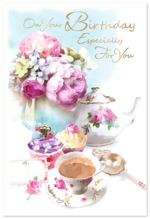 Delight your customers with this exquisite 'Open Birthday Female' card from Simon Elvin. Featuring a charming watercolour illustration, this card captures the essence of a perfect birthday celebration. A beautiful bouquet of pink peonies, an elegant teapot, and delicious cupcakes set a delightful scene, complete with a steaming cup of tea. The golden script message, 'On Your Birthday Especially For You', adds a touch of sophistication. Ideal for any female recipient, this card offers a warm and heartfelt way to send birthday wishes. Stock up with our convenient 1x6 pack size and bring a touch of timeless elegance to your greeting card display.