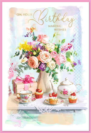 Wish her the happiest of birthdays with this charming "Open Birthday Female" card from Simon Elvin. This beautiful card features a delightful watercolour design, showcasing a vibrant bouquet of roses and mixed flowers in soft, inviting hues. The elegant gold script on the front reads "On Your Birthday Making Wishes," adding a touch of sophistication. Below the lovely blooms, a sweet scene unfolds with a delicate teacup, a classic teapot, and tempting cupcakes adorned with strawberries, alongside a thoughtful gift. Perfect for any female recipient, this card evokes a warm and celebratory tea party atmosphere. Supplied in a convenient 1x6 pack, it's a lovely addition to your greeting card selection.