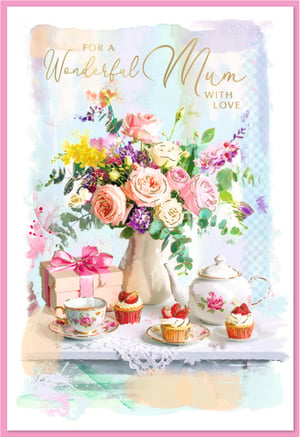 Show Mum how much she's appreciated with this delightful greeting card. This card features a beautiful watercolour illustration that evokes warmth and affection. A colourful bouquet of roses and mixed flowers is the focal point, complemented by a charming tea party spread. A delicate teacup, elegant teapot, and tempting strawberry cupcakes create a scene of gentle celebration. A thoughtfully wrapped gift box completes this heartfelt design. Ideal for Mother's Day, birthdays, or simply to send a message of love, this card is sure to bring a smile. Available in a convenient pack of 6 from Simon Elvin.