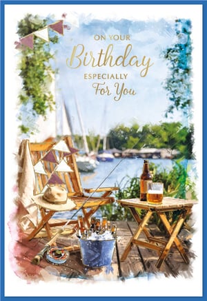 Celebrate his special day with this wonderfully relaxed birthday card! Featuring a charming watercolour illustration, it captures the perfect scene for a leisurely birthday. Imagine a peaceful waterside setting, complete with a fishing rod, a refreshing bucket of iced beers, and a comfortable chair – ideal for unwinding. The golden lettering wishes 'On Your Birthday Especially For You', adding a warm and personal touch. This card is perfect for anyone who loves the great outdoors, fishing, or simply enjoying a quiet moment with a cold drink. A truly thoughtful way to send your best wishes.