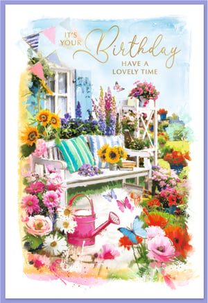 Celebrate in style with our 'Open Birthday Female' card, a truly delightful design from Simon Elvin. This beautiful card features a vibrant, watercolour-style garden scene, bursting with colourful flowers like cheerful sunflowers, delicate poppies, and charming daisies. A cosy white bench, playful butterflies, and a quaint garden shed with bunting complete this idyllic setting.
The elegant golden script wishes 'IT'S YOUR Birthday HAVE A LOVELY TIME', making it perfect for sending warm, heartfelt wishes to any special woman. The artistic detail and joyful atmosphere make this card a wonderful choice. Available in a convenient pack of 6, ensuring you're always ready for those special occasions.