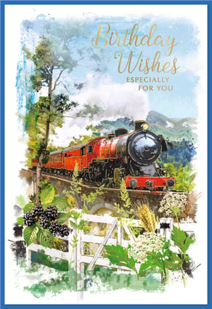 All aboard for a truly special birthday! This charming Simon Elvin Open Birthday Male card features a magnificent steam train, beautifully rendered in a vibrant watercolour style. The iconic red engine chugs across a rustic stone bridge, set against a serene countryside backdrop of rolling hills and a clear blue sky.
In the foreground, delightful details like ripe blackberries, a quaint white fence, and wildflowers add to the picturesque scene. The elegant gold foil lettering, "Birthday Wishes ESPECIALLY FOR YOU," adds a touch of sophistication. Perfect for any male recipient, this card offers a nostalgic and heartwarming message. Available in a convenient pack of 6, it's an ideal choice for your retail offering.