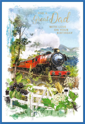 Celebrate a 'Great Dad's' birthday with this charming card from Simon Elvin. This beautiful design, named 'Dad', features a magnificent steam train traversing a picturesque countryside bridge, evoking a sense of classic British charm and adventure. The watercolour-style illustration is rich with detail, from the lush green trees and distant hills to the delightful foreground elements of ripe blackberries, wildflowers, and a rustic white fence. It's an ideal choice for dads who appreciate the romance of rail travel or the beauty of nature. Each card carries a heartfelt 'With Love On Your Birthday' message. Available in a convenient pack of 6.