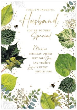 Make your wonderful Husband's birthday extra special with this exquisite card from Simon Elvin. Featuring a captivating design of lush green leaves and delightful bumblebees, it brings the beauty of nature to his celebration. The elegant gold script beautifully conveys a heartfelt message: 'FOR MY WONDERFUL Husband, YOU'RE SO VERY Special. MAKING BIRTHDAY WISHES JUST FOR You... AND THERE'S Love IN EVERY SINGLE LINE.' This thoughtful card is the perfect way to express your deepest affection and make his birthday truly memorable. A beautiful token of love for a truly wonderful man.